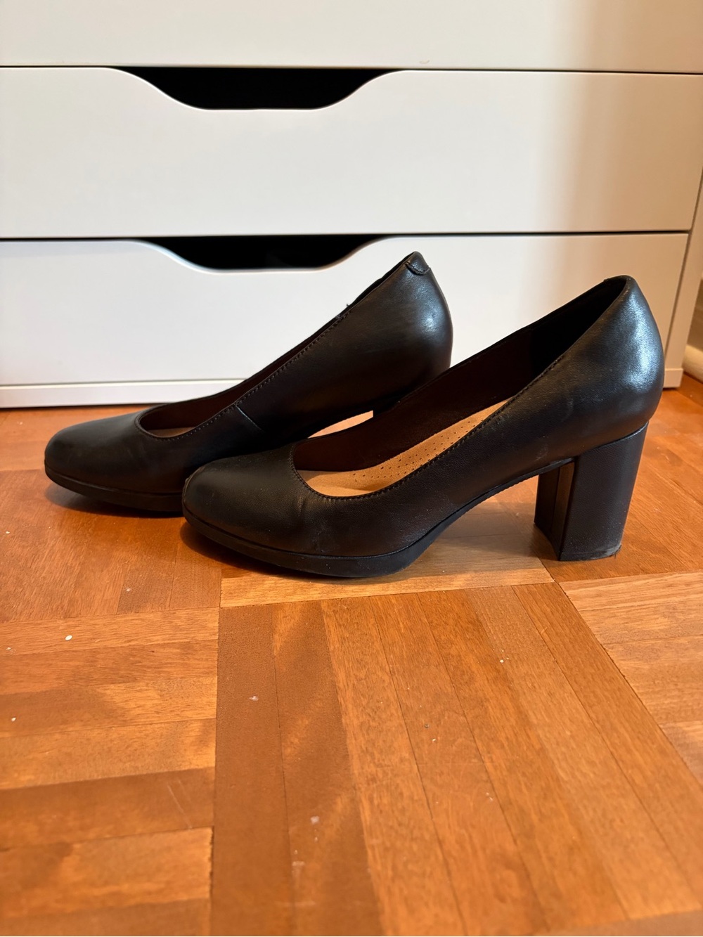 Clarks Black Leather Block Heel Pumps